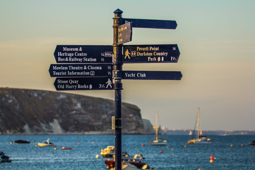 Signpost in Swanage pointing to attractions like Old Harry Rocks and Durlston Country Park.